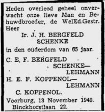 1940 Overlijden Johann Hermann Bergfeld Schenke [1875 - 1940]  